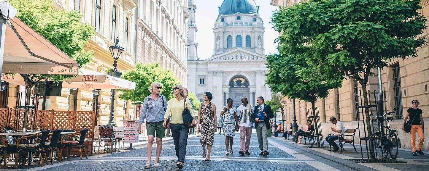 People walking down a European street